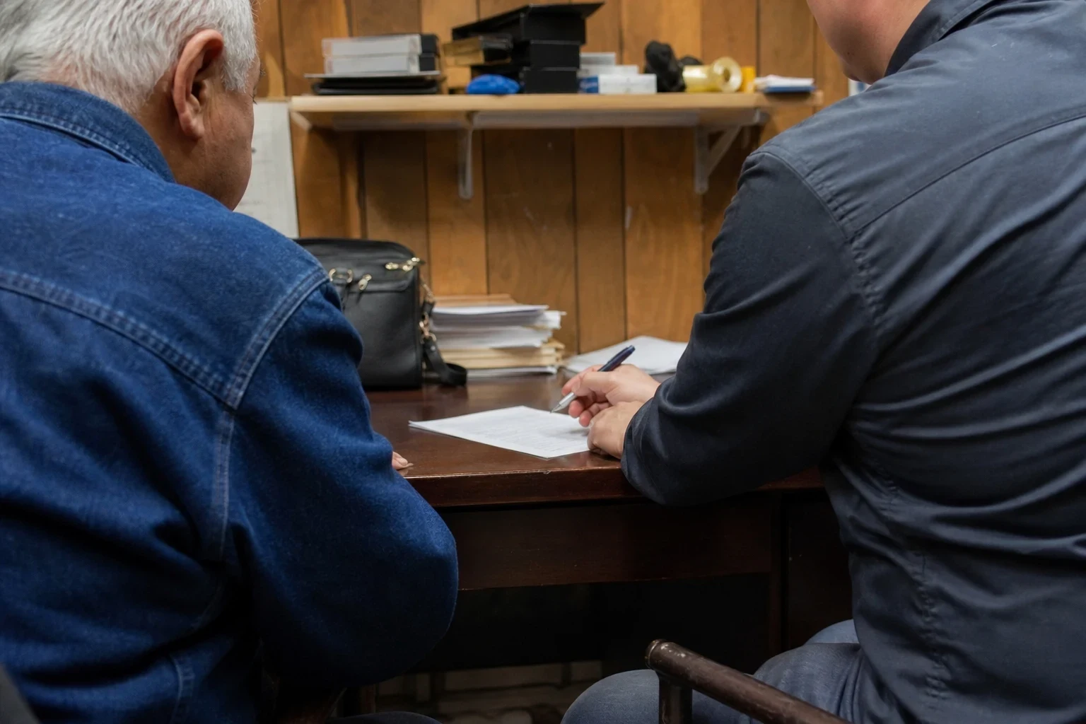 Older man in a denim jacket and an agent in a dark shirt review a short form at a wooden desk in a small wood-paneled back office with shelves of supplies.