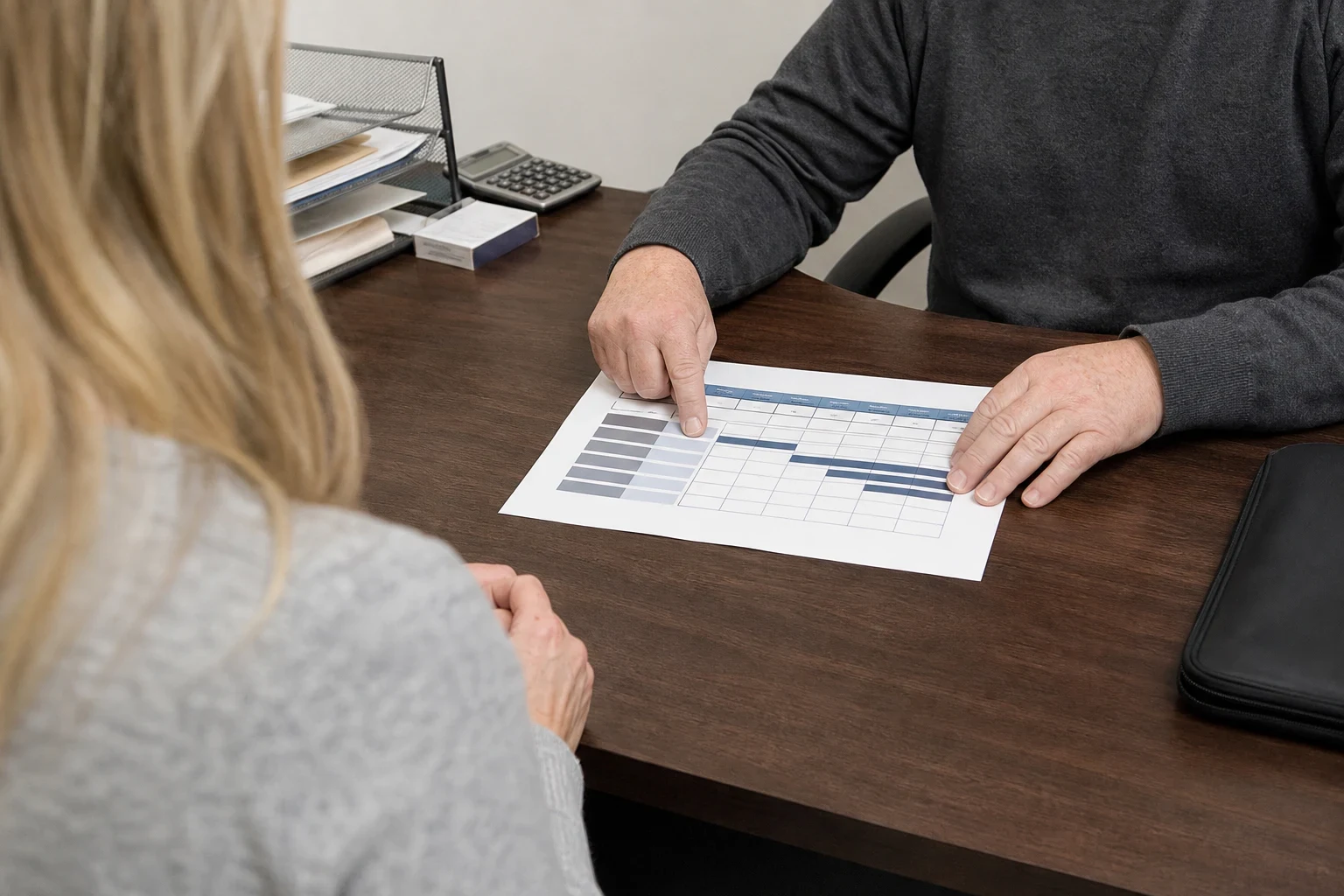 Agent in a gray sweater points to a printed coverage chart on a dark wood desk while a blonde client looks on, with a wire file tray and calculator nearby